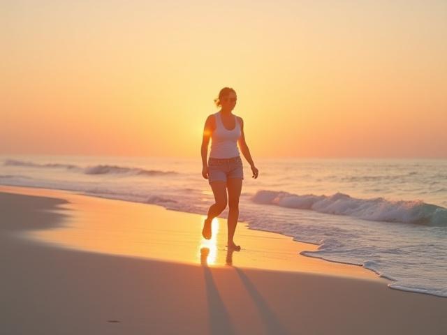Person walking mindfully on a beach at sunset